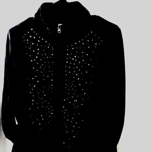 Cozy Warm Black Rhinestone Jacket for Fall Women's Everyday Casual Plush Soft